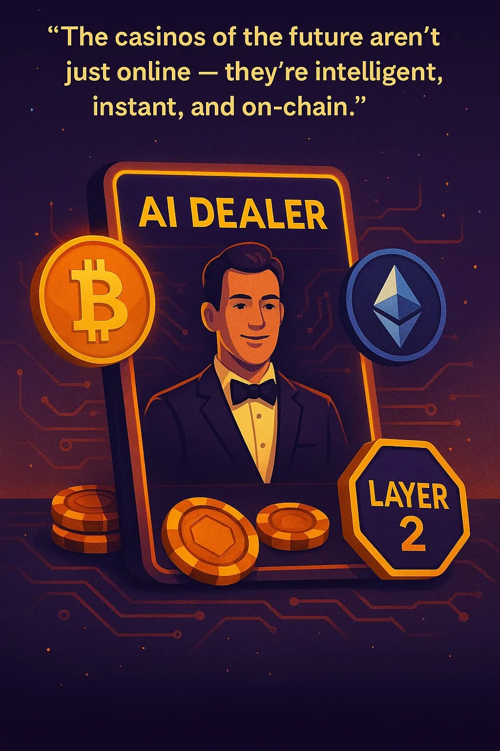 Futuristic casino interface with AI dealer and crypto icons