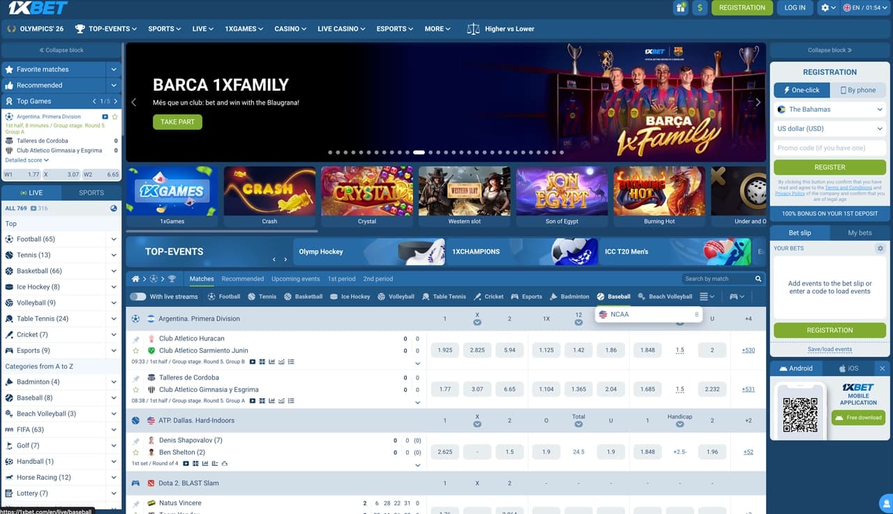 1xBet homepage screenshot