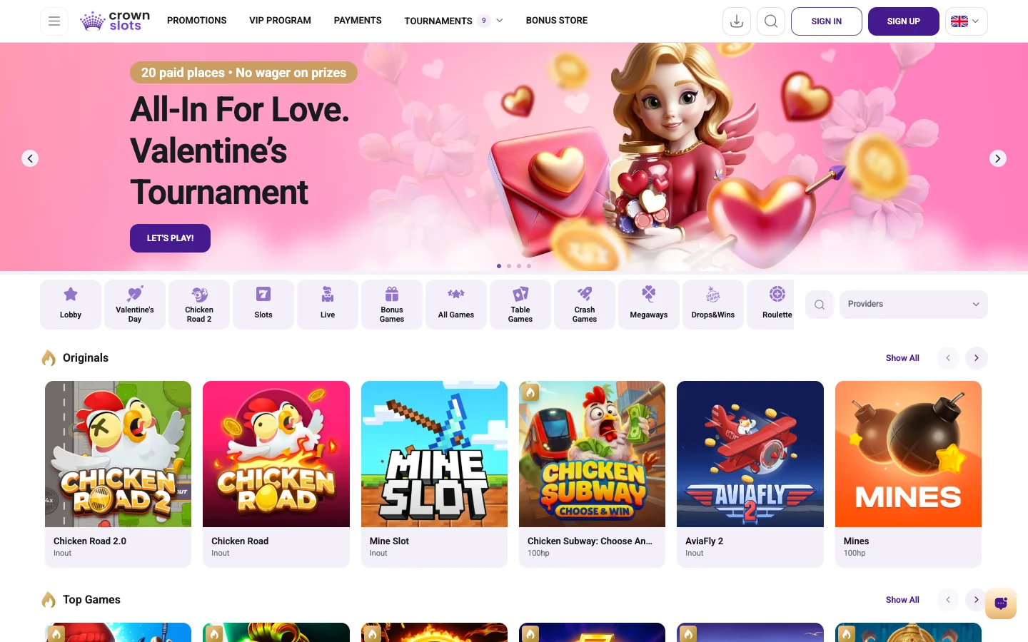 Crown Slots homepage screenshot