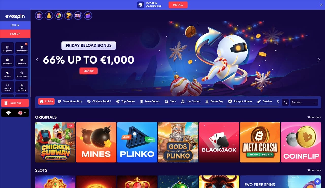 Evospin homepage screenshot