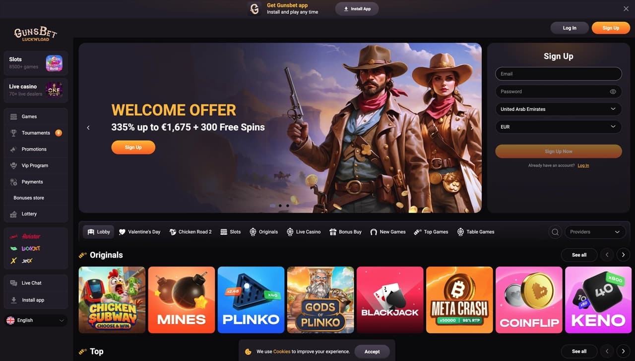 Gunsbet homepage screenshot
