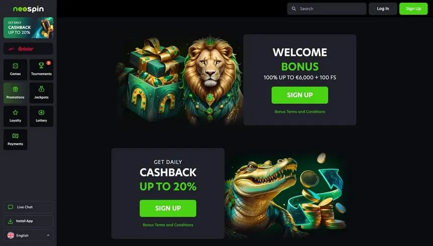 Neospin homepage screenshot