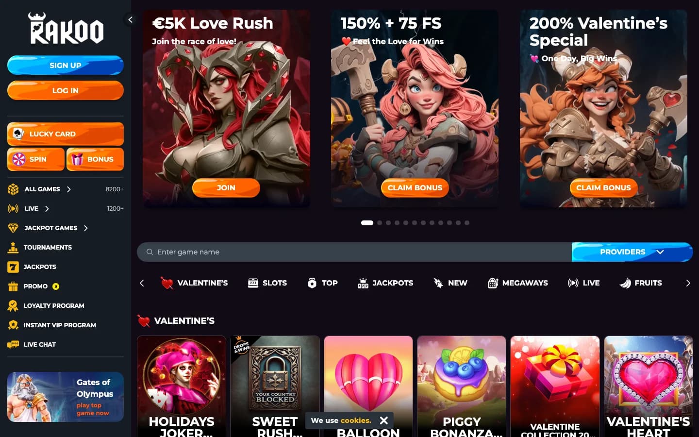 Rakoocasino homepage screenshot
