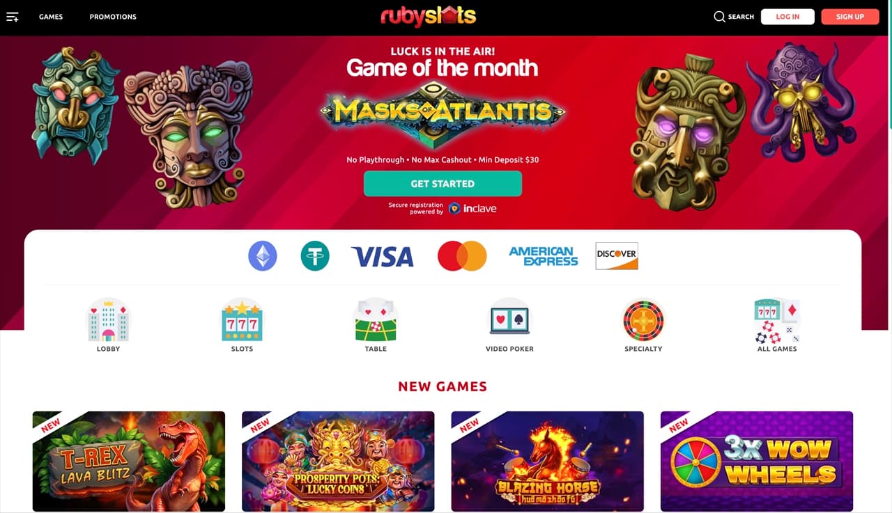 Ruby Slots homepage screenshot