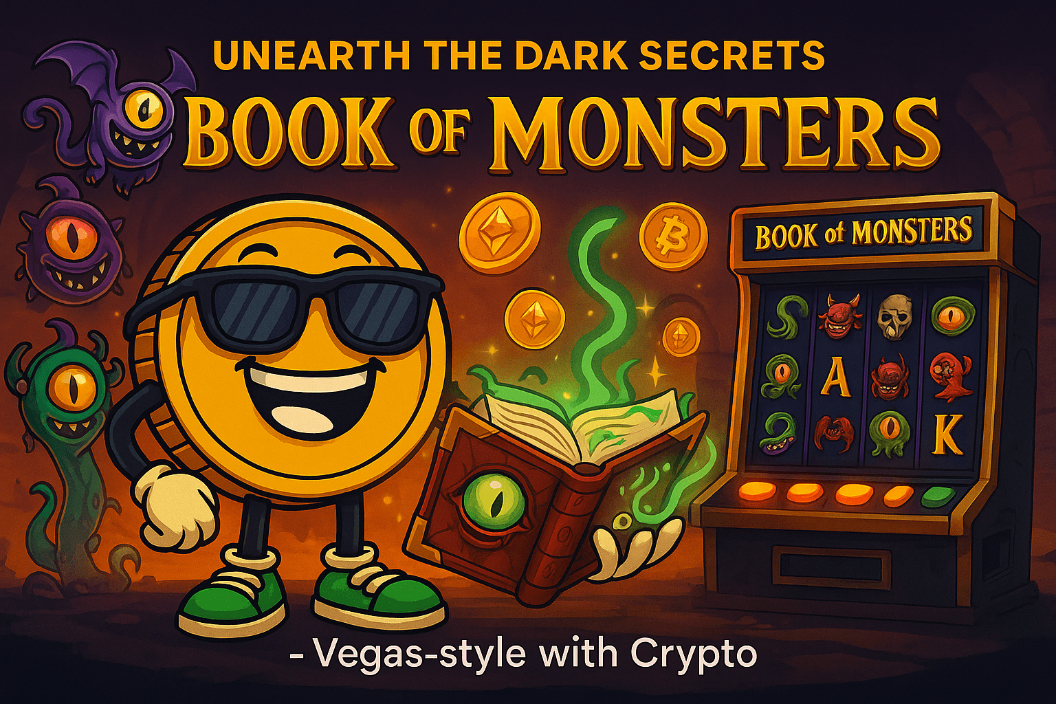 Book of Monsters Slot Banner with Crypto Mascot